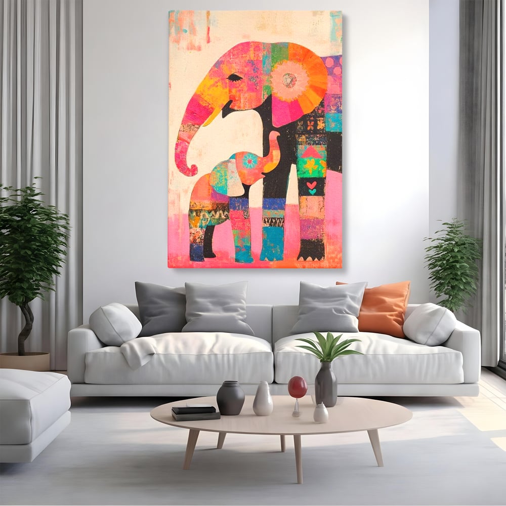 Tablou canvas cu tablou pictura cu elefanti colorati, fara rama, pe sasiu de lemn, pe perete intr-un living